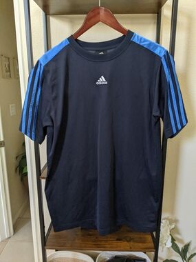 adidas Navy Blue Short-Sleeve Active 360 Tee with Blue Shoulder Stripes Medium